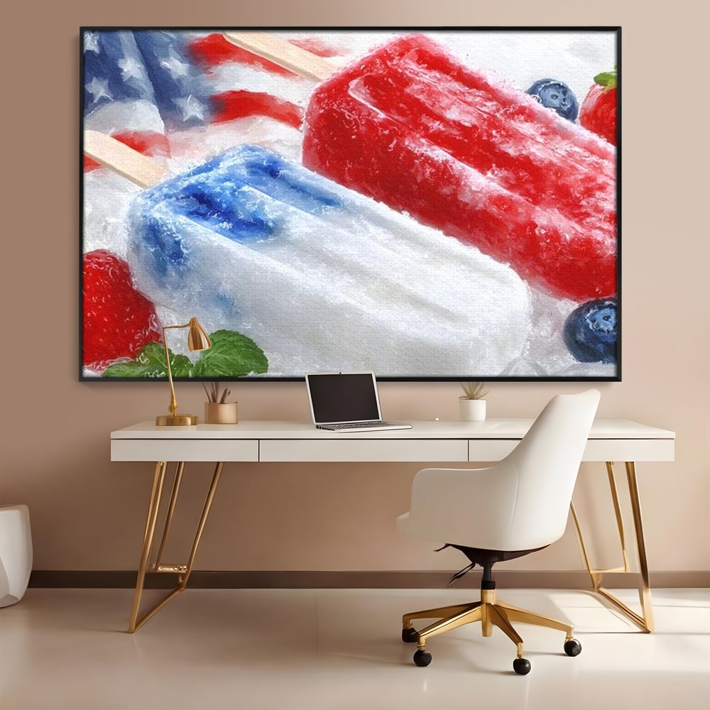 Leinwand Premium Leinwand Wandbilder, LuxCanva® N1142, Amerikanische Leckerei, Eiscreme, Obst, Sommer, Amerika, Flagge, Erdbeere, Blaubeere, Minze, Kühlbox, Dessert, Süßes, Eiscreme, Restaurant, Restaurant, Küche