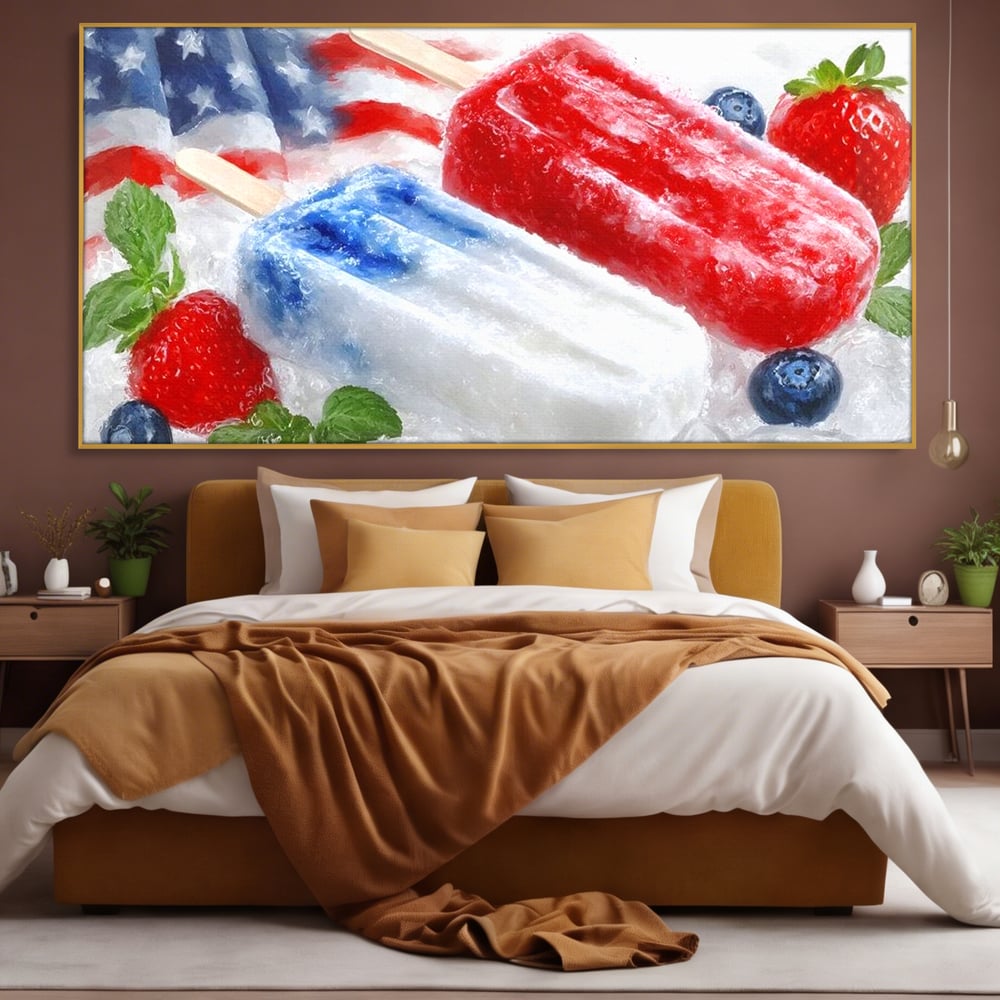 Leinwand Premium Leinwand Wandbilder, LuxCanva® N1142, Amerikanische Leckerei, Eiscreme, Obst, Sommer, Amerika, Flagge, Erdbeere, Blaubeere, Minze, Kühlbox, Dessert, Süßes, Eiscreme, Restaurant, Restaurant, Küche