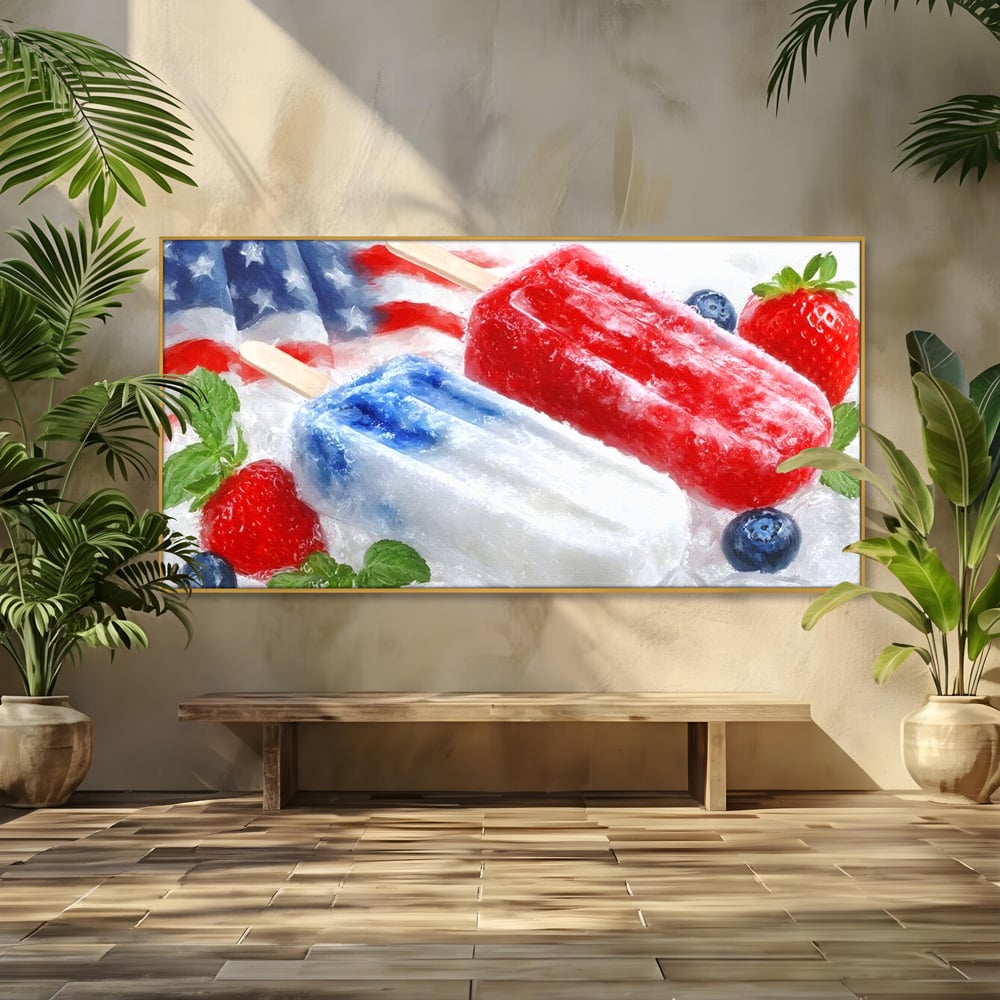 Leinwand Premium Leinwand Wandbilder, LuxCanva® N1142, Amerikanische Leckerei, Eiscreme, Obst, Sommer, Amerika, Flagge, Erdbeere, Blaubeere, Minze, Kühlbox, Dessert, Süßes, Eiscreme, Restaurant, Restaurant, Küche