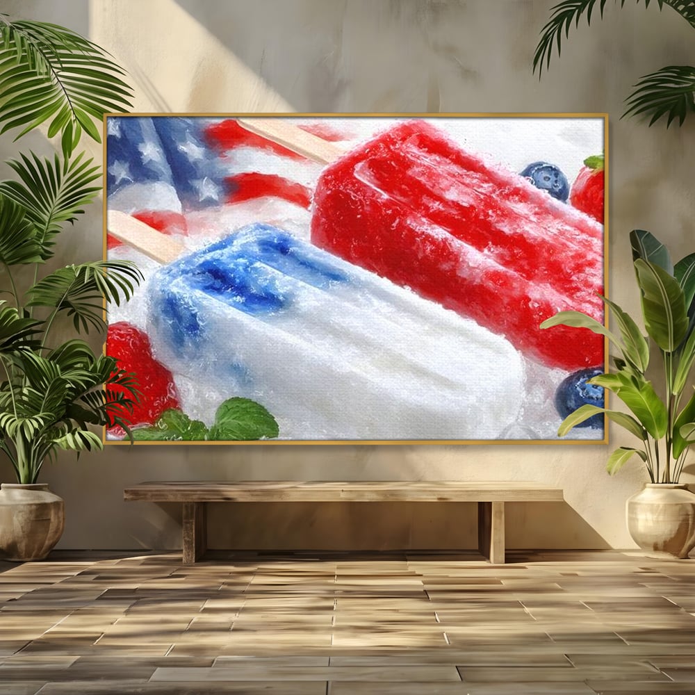 Leinwand Premium Leinwand Wandbilder, LuxCanva® N1142, Amerikanische Leckerei, Eiscreme, Obst, Sommer, Amerika, Flagge, Erdbeere, Blaubeere, Minze, Kühlbox, Dessert, Süßes, Eiscreme, Restaurant, Restaurant, Küche