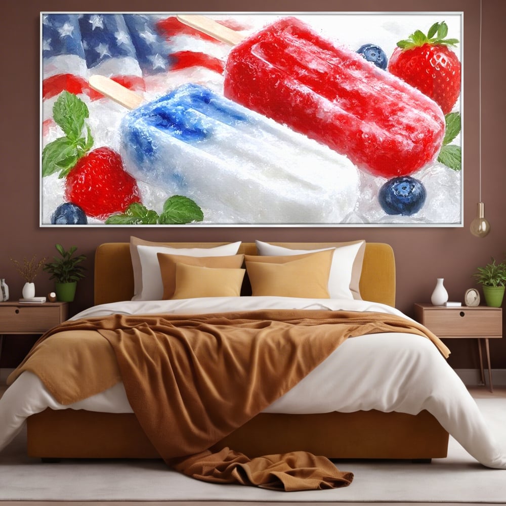 Leinwand Premium Leinwand Wandbilder, LuxCanva® N1142, Amerikanische Leckerei, Eiscreme, Obst, Sommer, Amerika, Flagge, Erdbeere, Blaubeere, Minze, Kühlbox, Dessert, Süßes, Eiscreme, Restaurant, Restaurant, Küche