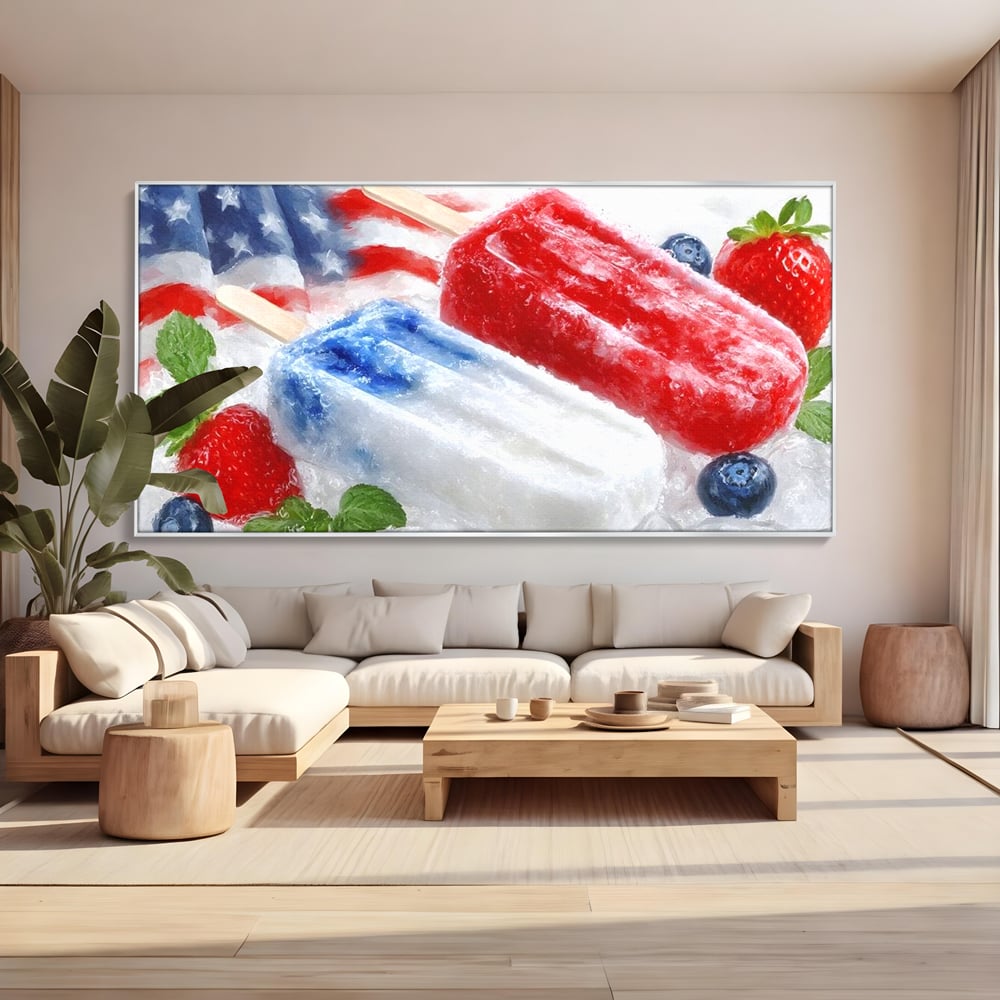 Leinwand Premium Leinwand Wandbilder, LuxCanva® N1142, Amerikanische Leckerei, Eiscreme, Obst, Sommer, Amerika, Flagge, Erdbeere, Blaubeere, Minze, Kühlbox, Dessert, Süßes, Eiscreme, Restaurant, Restaurant, Küche