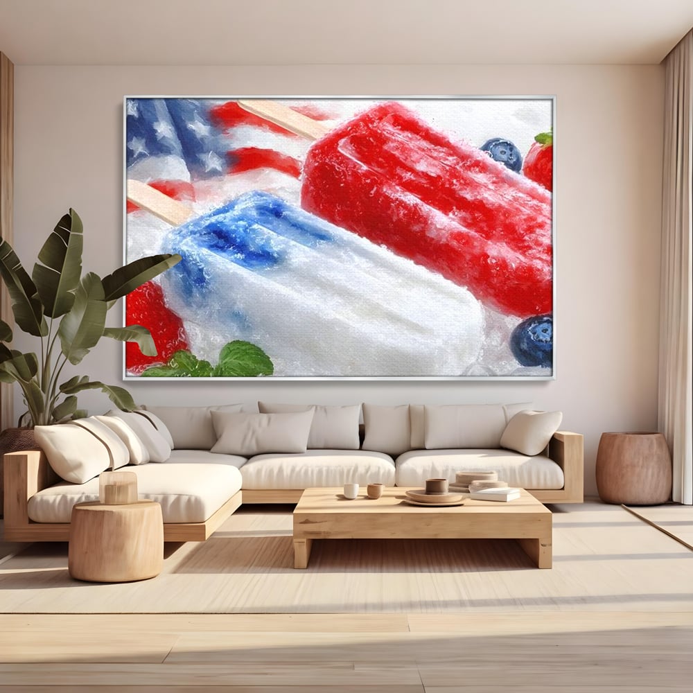 Leinwand Premium Leinwand Wandbilder, LuxCanva® N1142, Amerikanische Leckerei, Eiscreme, Obst, Sommer, Amerika, Flagge, Erdbeere, Blaubeere, Minze, Kühlbox, Dessert, Süßes, Eiscreme, Restaurant, Restaurant, Küche