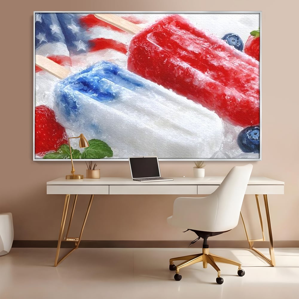 Leinwand Premium Leinwand Wandbilder, LuxCanva® N1142, Amerikanische Leckerei, Eiscreme, Obst, Sommer, Amerika, Flagge, Erdbeere, Blaubeere, Minze, Kühlbox, Dessert, Süßes, Eiscreme, Restaurant, Restaurant, Küche