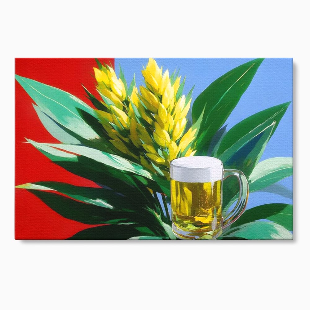 Leinwand Premium Canvas Wandkunst, LuxCanva® N1143, Funky Bier, Hopfen, Hopfen, Bier, Getränk, Schaum, kalt, Blätter, kreativ, tropisch, Rexalant, Kneipe, Bar, Lounge, Restaurant, Küche