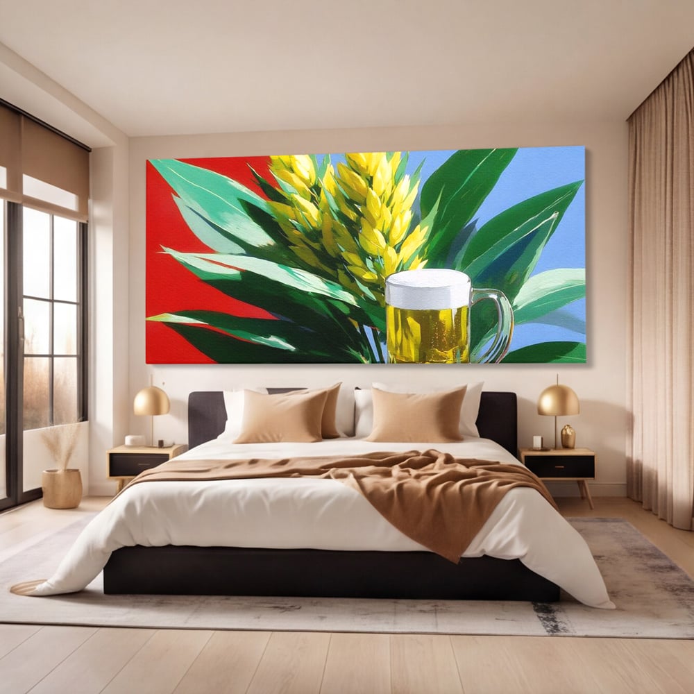 Leinwand Premium Canvas Wandkunst, LuxCanva® N1143, Funky Bier, Hopfen, Hopfen, Bier, Getränk, Schaum, kalt, Blätter, kreativ, tropisch, Rexalant, Kneipe, Bar, Lounge, Restaurant, Küche