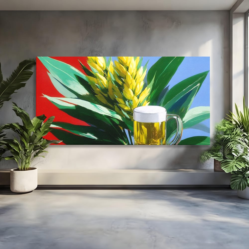 Leinwand Premium Canvas Wandkunst, LuxCanva® N1143, Funky Bier, Hopfen, Hopfen, Bier, Getränk, Schaum, kalt, Blätter, kreativ, tropisch, Rexalant, Kneipe, Bar, Lounge, Restaurant, Küche