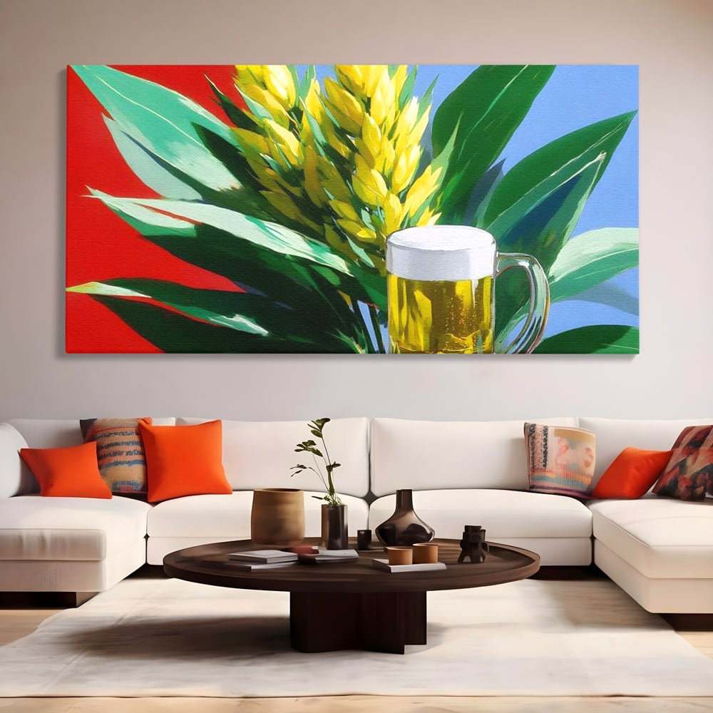 Leinwand Premium Canvas Wandkunst, LuxCanva® N1143, Funky Bier, Hopfen, Hopfen, Bier, Getränk, Schaum, kalt, Blätter, kreativ, tropisch, Rexalant, Kneipe, Bar, Lounge, Restaurant, Küche