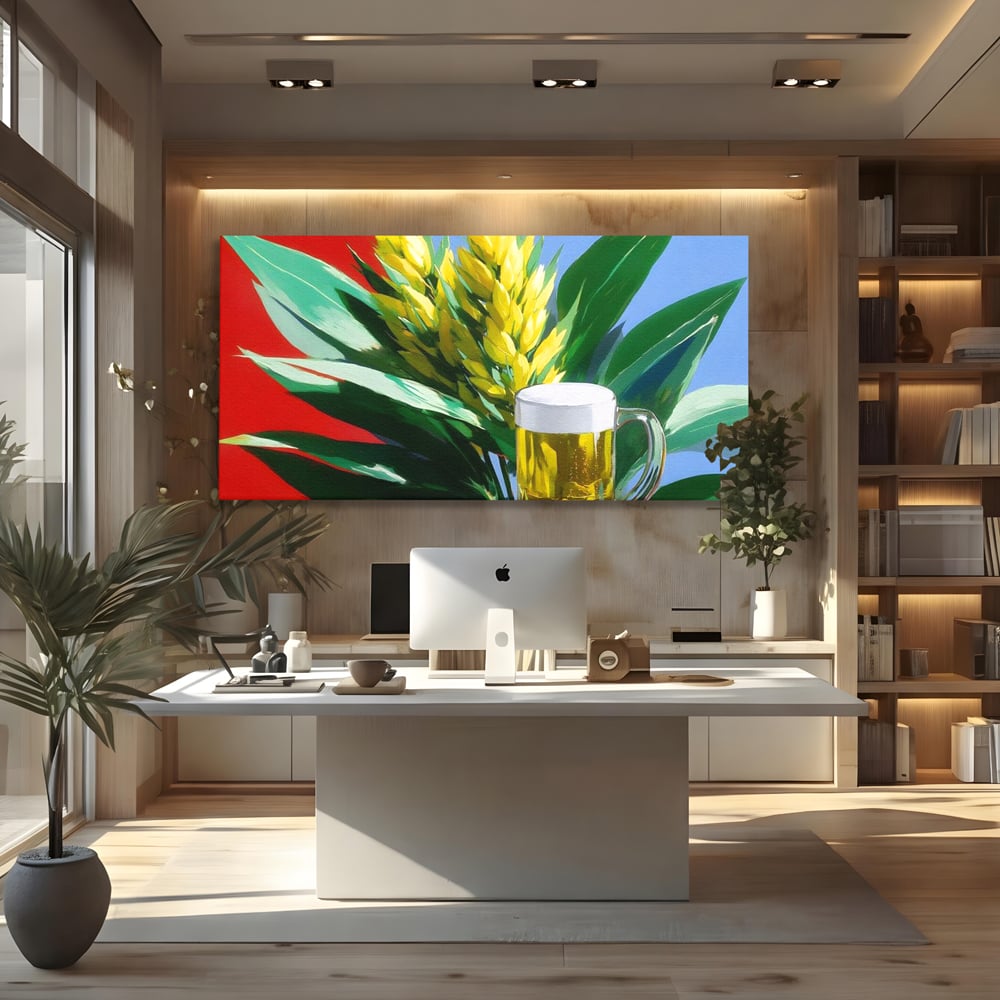 Leinwand Premium Canvas Wandkunst, LuxCanva® N1143, Funky Bier, Hopfen, Hopfen, Bier, Getränk, Schaum, kalt, Blätter, kreativ, tropisch, Rexalant, Kneipe, Bar, Lounge, Restaurant, Küche
