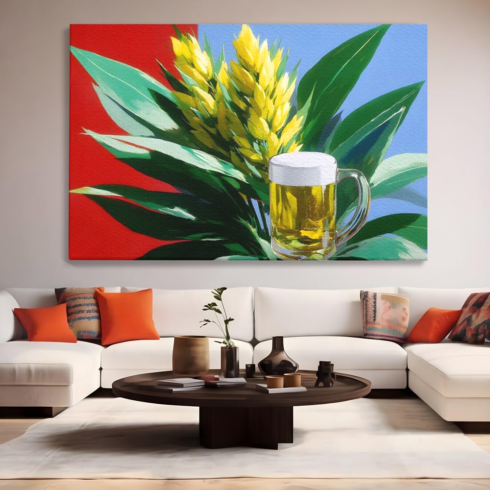 Leinwand Premium Canvas Wandkunst, LuxCanva® N1143, Funky Bier, Hopfen, Hopfen, Bier, Getränk, Schaum, kalt, Blätter, kreativ, tropisch, Rexalant, Kneipe, Bar, Lounge, Restaurant, Küche