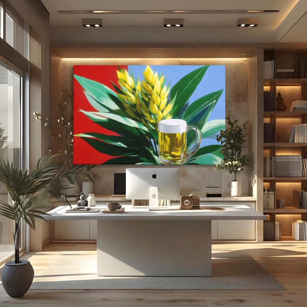 Leinwand Premium Canvas Wandkunst, LuxCanva® N1143, Funky Bier, Hopfen, Hopfen, Bier, Getränk, Schaum, kalt, Blätter, kreativ, tropisch, Rexalant, Kneipe, Bar, Lounge, Restaurant, Küche