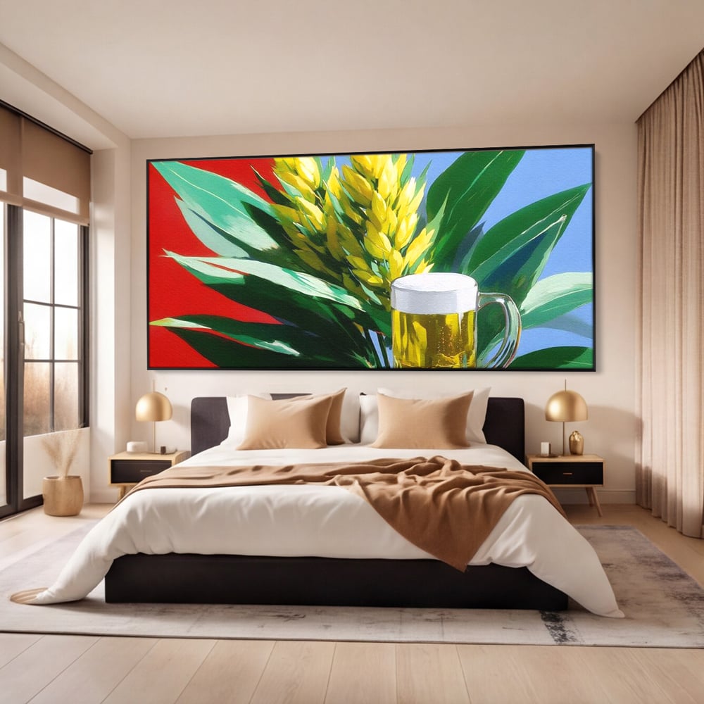 Leinwand Premium Canvas Wandkunst, LuxCanva® N1143, Funky Bier, Hopfen, Hopfen, Bier, Getränk, Schaum, kalt, Blätter, kreativ, tropisch, Rexalant, Kneipe, Bar, Lounge, Restaurant, Küche