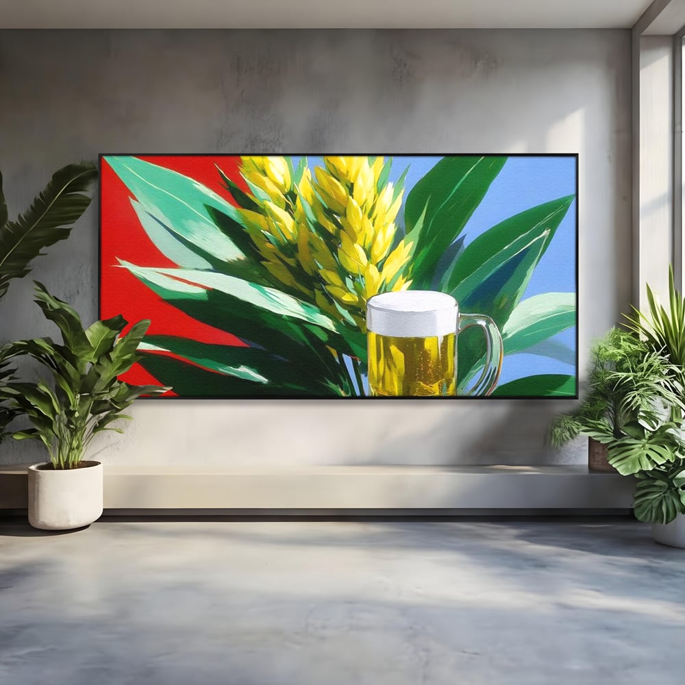 Leinwand Premium Canvas Wandkunst, LuxCanva® N1143, Funky Bier, Hopfen, Hopfen, Bier, Getränk, Schaum, kalt, Blätter, kreativ, tropisch, Rexalant, Kneipe, Bar, Lounge, Restaurant, Küche