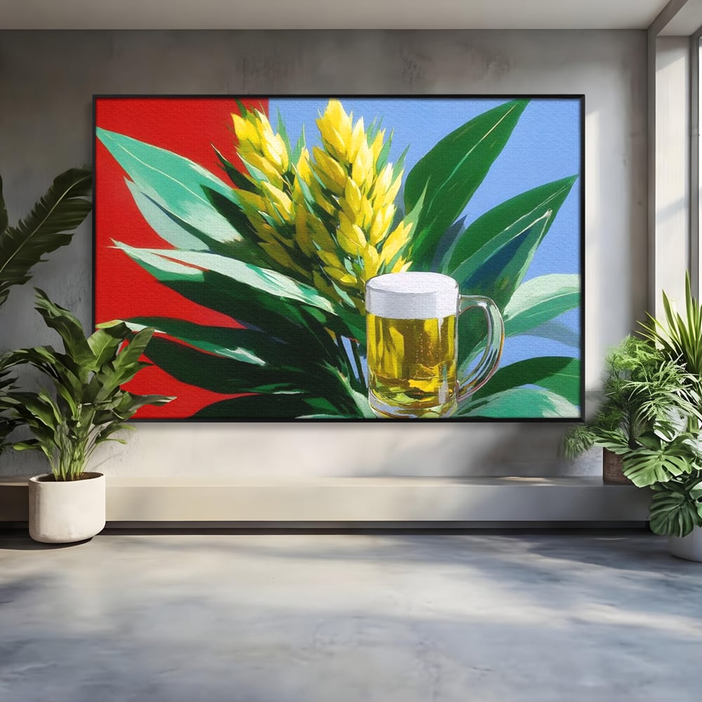 Leinwand Premium Canvas Wandkunst, LuxCanva® N1143, Funky Bier, Hopfen, Hopfen, Bier, Getränk, Schaum, kalt, Blätter, kreativ, tropisch, Rexalant, Kneipe, Bar, Lounge, Restaurant, Küche