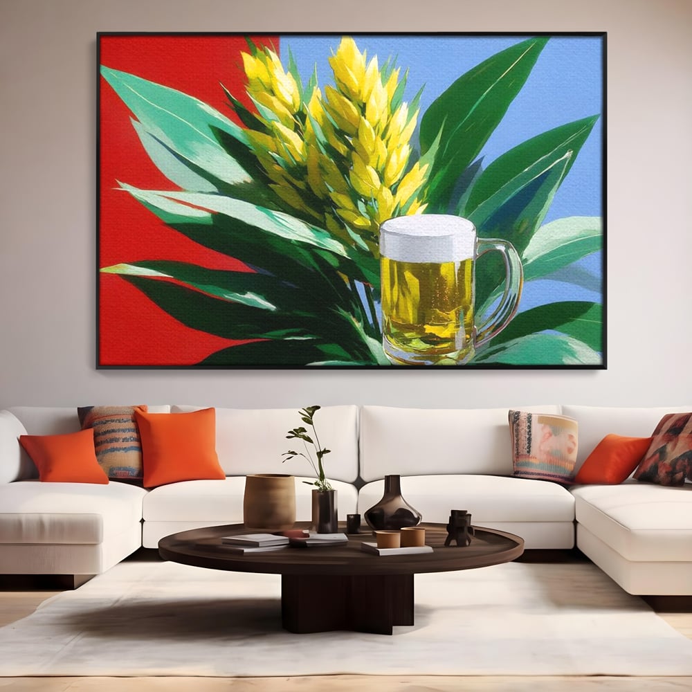 Leinwand Premium Canvas Wandkunst, LuxCanva® N1143, Funky Bier, Hopfen, Hopfen, Bier, Getränk, Schaum, kalt, Blätter, kreativ, tropisch, Rexalant, Kneipe, Bar, Lounge, Restaurant, Küche