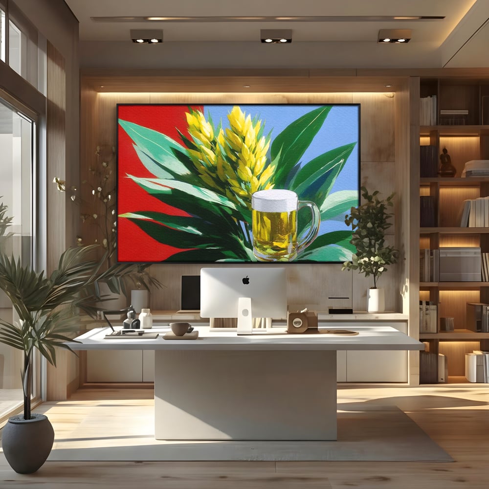 Leinwand Premium Canvas Wandkunst, LuxCanva® N1143, Funky Bier, Hopfen, Hopfen, Bier, Getränk, Schaum, kalt, Blätter, kreativ, tropisch, Rexalant, Kneipe, Bar, Lounge, Restaurant, Küche