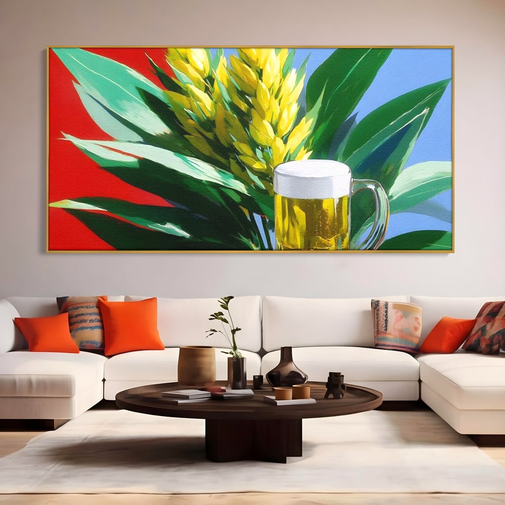 Leinwand Premium Canvas Wandkunst, LuxCanva® N1143, Funky Bier, Hopfen, Hopfen, Bier, Getränk, Schaum, kalt, Blätter, kreativ, tropisch, Rexalant, Kneipe, Bar, Lounge, Restaurant, Küche