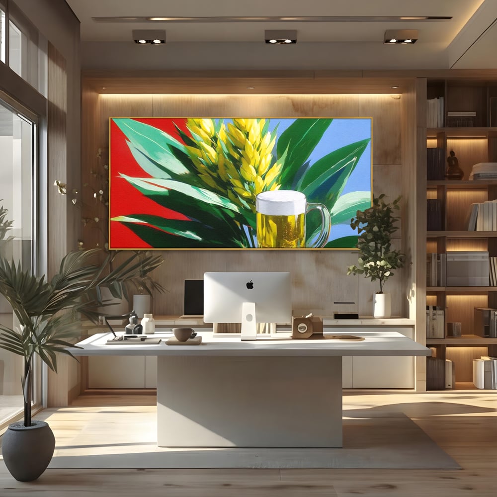 Leinwand Premium Canvas Wandkunst, LuxCanva® N1143, Funky Bier, Hopfen, Hopfen, Bier, Getränk, Schaum, kalt, Blätter, kreativ, tropisch, Rexalant, Kneipe, Bar, Lounge, Restaurant, Küche