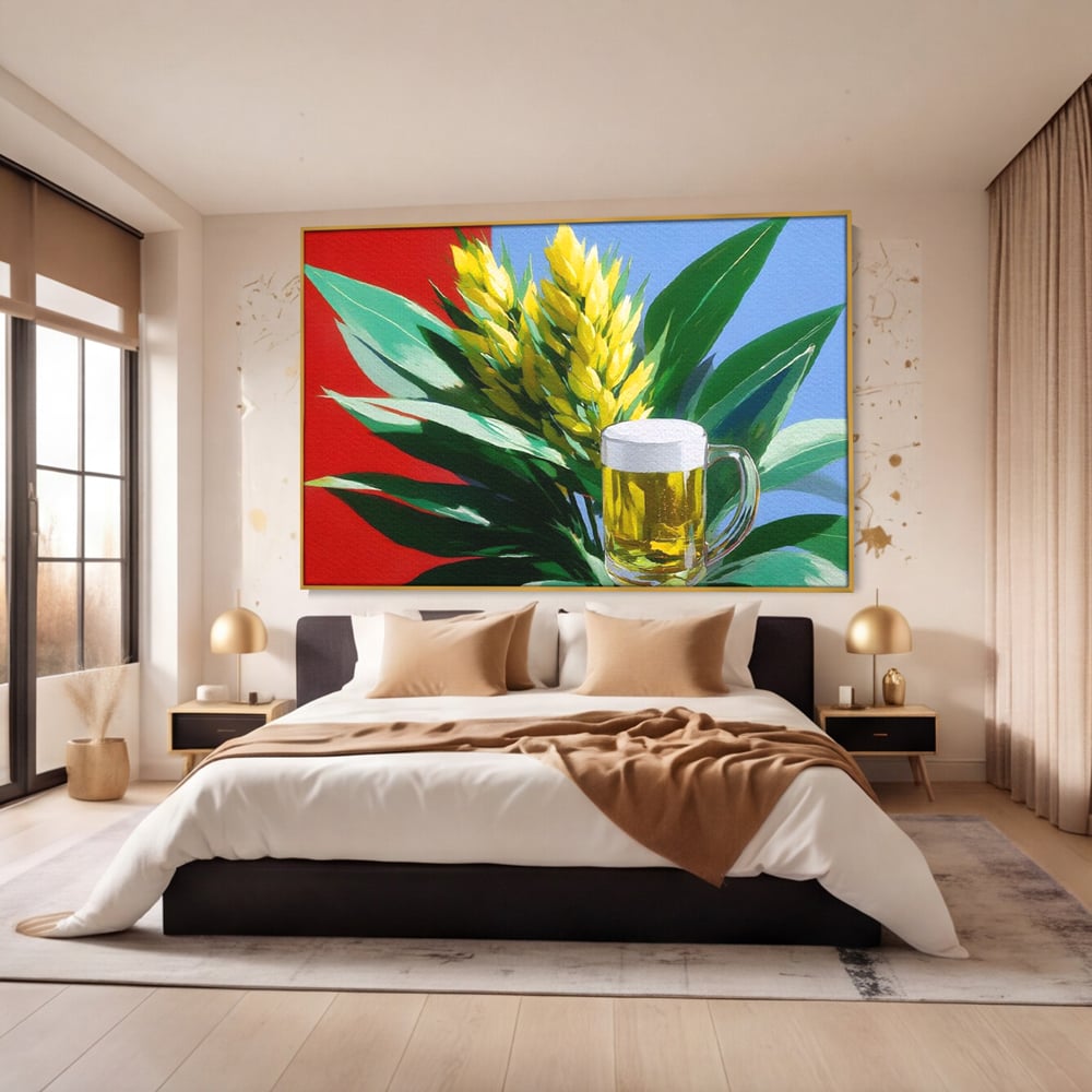 Leinwand Premium Canvas Wandkunst, LuxCanva® N1143, Funky Bier, Hopfen, Hopfen, Bier, Getränk, Schaum, kalt, Blätter, kreativ, tropisch, Rexalant, Kneipe, Bar, Lounge, Restaurant, Küche