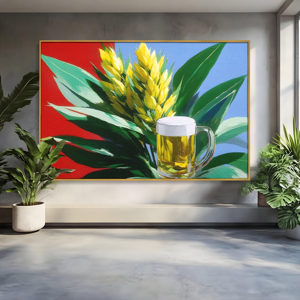 Leinwand Premium Canvas Wandkunst, LuxCanva® N1143, Funky Bier, Hopfen, Hopfen, Bier, Getränk, Schaum, kalt, Blätter, kreativ, tropisch, Rexalant, Kneipe, Bar, Lounge, Restaurant, Küche