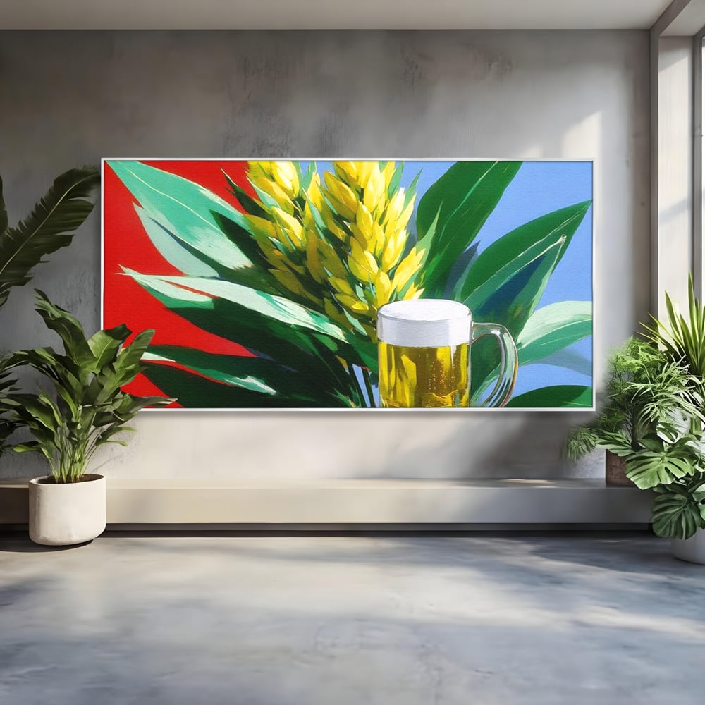 Leinwand Premium Canvas Wandkunst, LuxCanva® N1143, Funky Bier, Hopfen, Hopfen, Bier, Getränk, Schaum, kalt, Blätter, kreativ, tropisch, Rexalant, Kneipe, Bar, Lounge, Restaurant, Küche