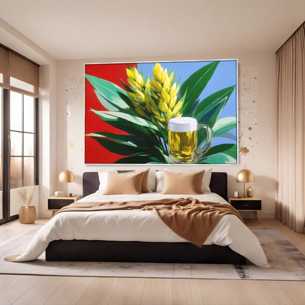 Leinwand Premium Canvas Wandkunst, LuxCanva® N1143, Funky Bier, Hopfen, Hopfen, Bier, Getränk, Schaum, kalt, Blätter, kreativ, tropisch, Rexalant, Kneipe, Bar, Lounge, Restaurant, Küche