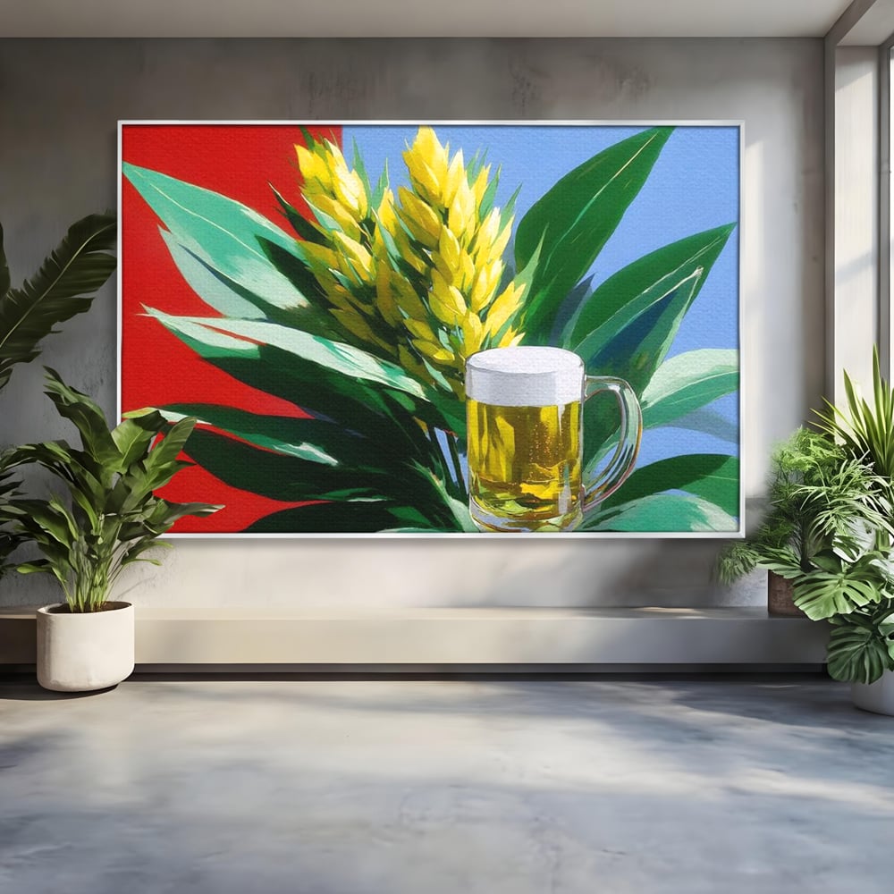 Leinwand Premium Canvas Wandkunst, LuxCanva® N1143, Funky Bier, Hopfen, Hopfen, Bier, Getränk, Schaum, kalt, Blätter, kreativ, tropisch, Rexalant, Kneipe, Bar, Lounge, Restaurant, Küche