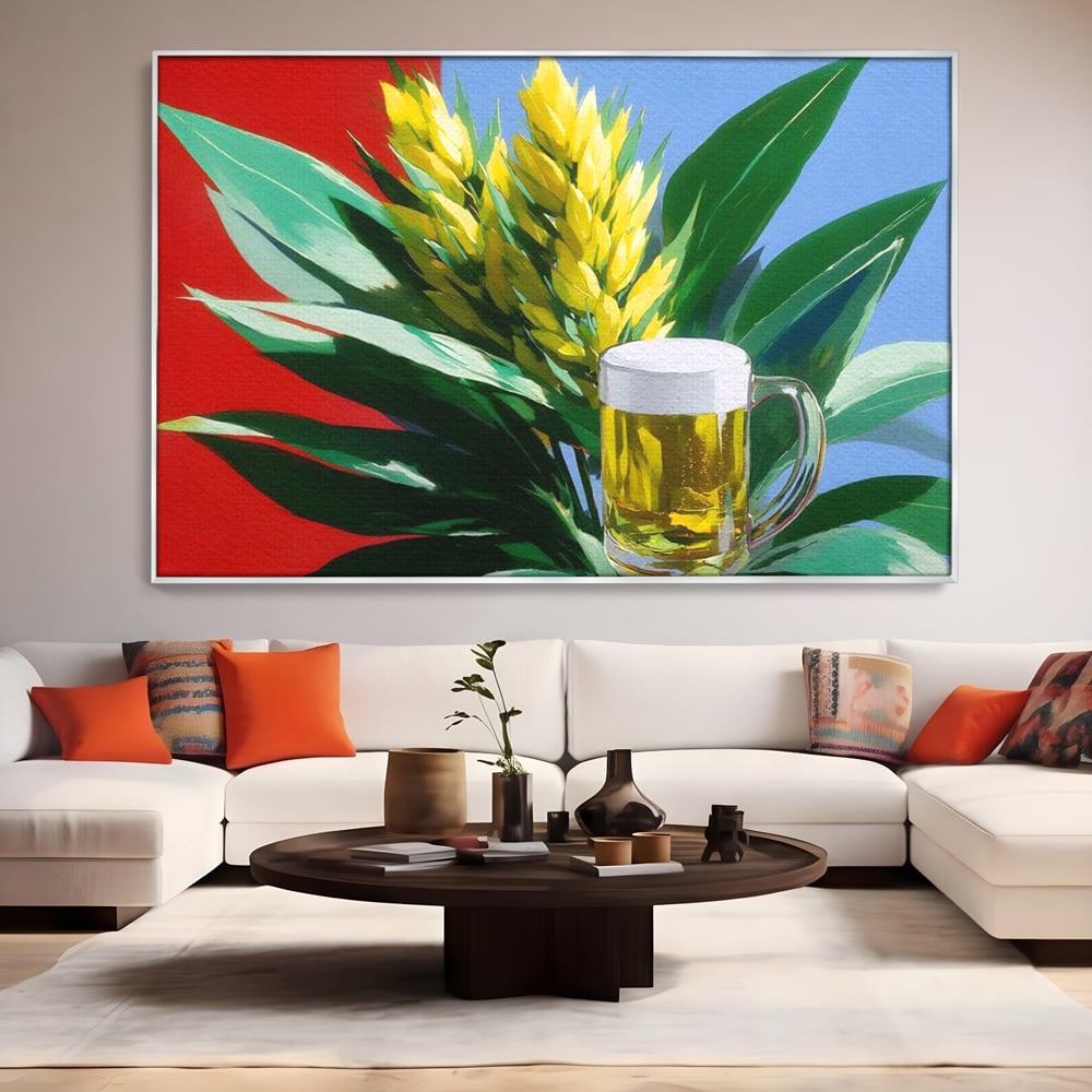 Leinwand Premium Canvas Wandkunst, LuxCanva® N1143, Funky Bier, Hopfen, Hopfen, Bier, Getränk, Schaum, kalt, Blätter, kreativ, tropisch, Rexalant, Kneipe, Bar, Lounge, Restaurant, Küche