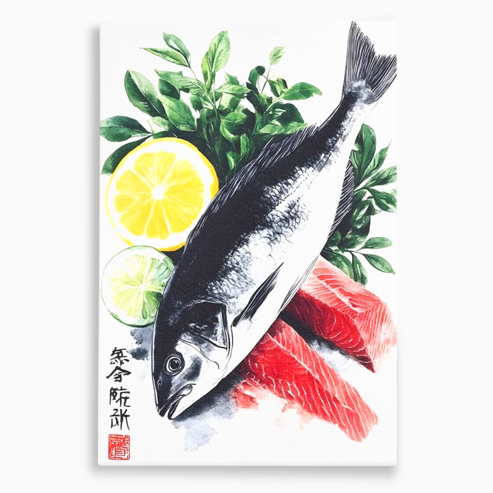 Leinwand Premium Leinwandbilder, LuxCanva® N1144, Sashimi Time, Fisch, Sushi, Zitrone, Limette, Gemüse, Rezept, Asiatisch, Kulinarische Kunst, Herzhaftes, Restaurant, Küche
