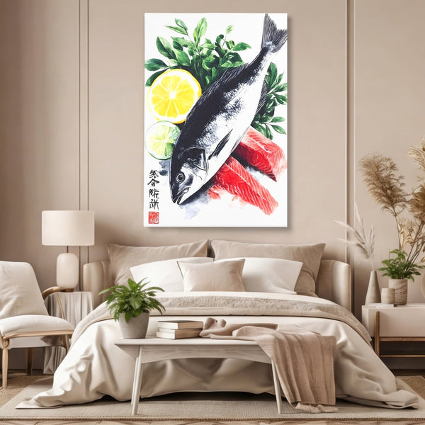 Leinwand Premium Leinwandbilder, LuxCanva® N1144, Sashimi Time, Fisch, Sushi, Zitrone, Limette, Gemüse, Rezept, Asiatisch, Kulinarische Kunst, Herzhaftes, Restaurant, Küche