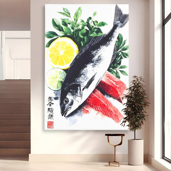 Leinwand Premium Leinwandbilder, LuxCanva® N1144, Sashimi Time, Fisch, Sushi, Zitrone, Limette, Gemüse, Rezept, Asiatisch, Kulinarische Kunst, Herzhaftes, Restaurant, Küche