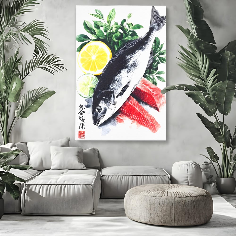 Leinwand Premium Leinwandbilder, LuxCanva® N1144, Sashimi Time, Fisch, Sushi, Zitrone, Limette, Gemüse, Rezept, Asiatisch, Kulinarische Kunst, Herzhaftes, Restaurant, Küche