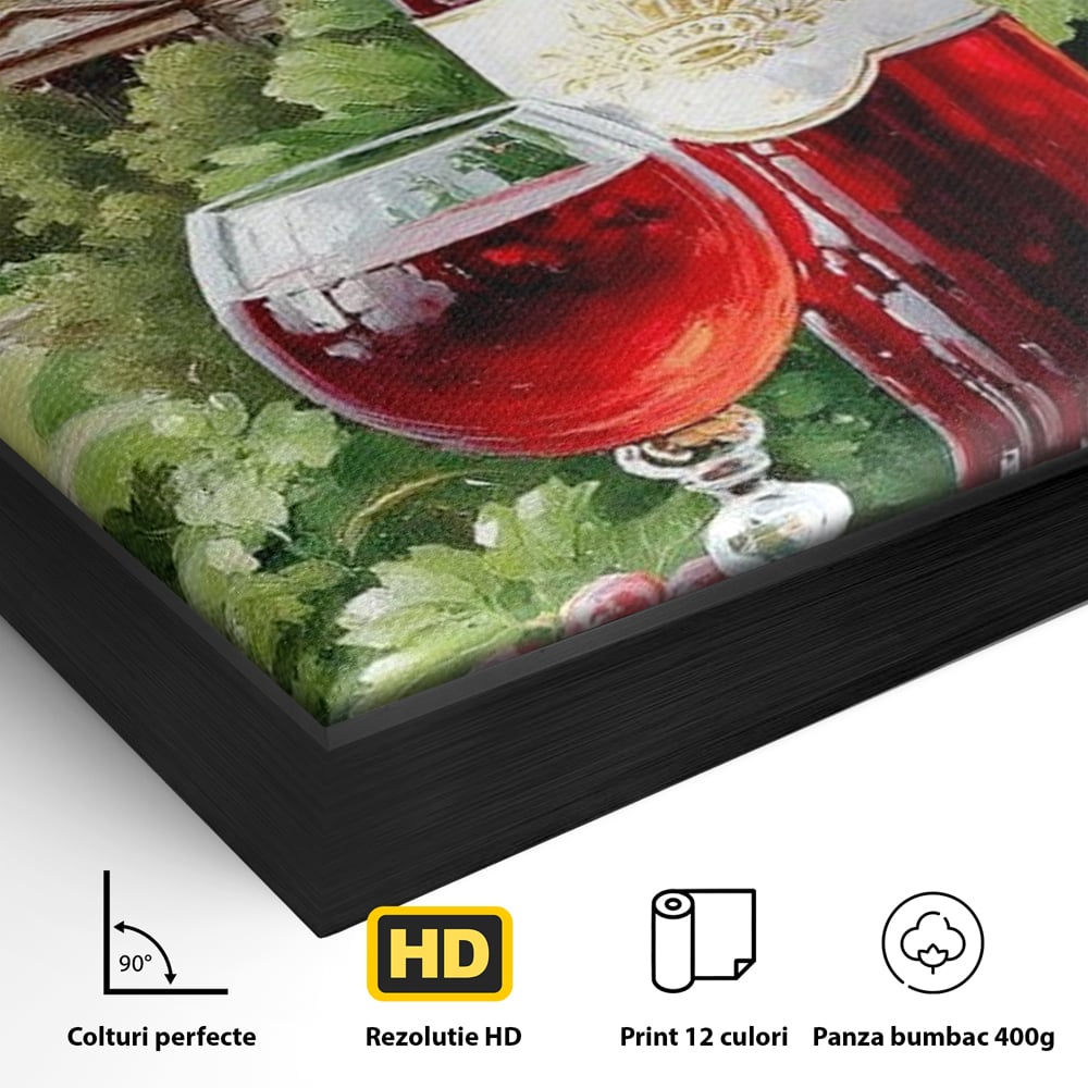 Tablou Canvas Premium, LuxCanva® N1145, De Vita Nobila, Vin Rosu, Sticla, Pahar, Struguri, Bautura, Cupola, Manastire, Vegetatie, Degustare, Pub, Bar, Lounge, Restaurant, Bucatarie