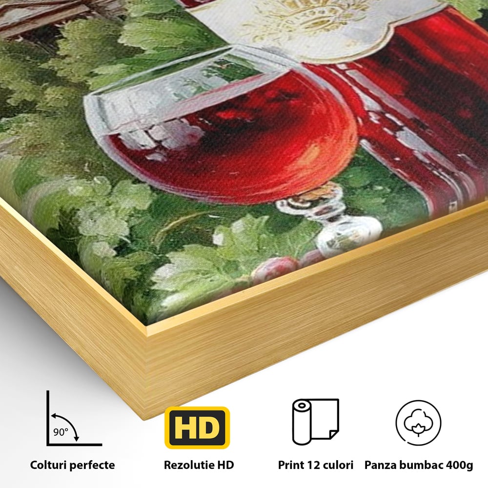 Tablou Canvas Premium, LuxCanva® N1145, De Vita Nobila, Vin Rosu, Sticla, Pahar, Struguri, Bautura, Cupola, Manastire, Vegetatie, Degustare, Pub, Bar, Lounge, Restaurant, Bucatarie