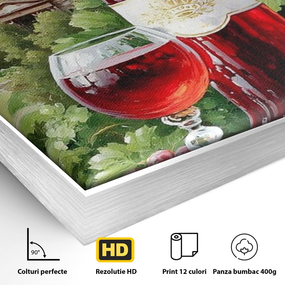 Tablou Canvas Premium, LuxCanva® N1145, De Vita Nobila, Vin Rosu, Sticla, Pahar, Struguri, Bautura, Cupola, Manastire, Vegetatie, Degustare, Pub, Bar, Lounge, Restaurant, Bucatarie
