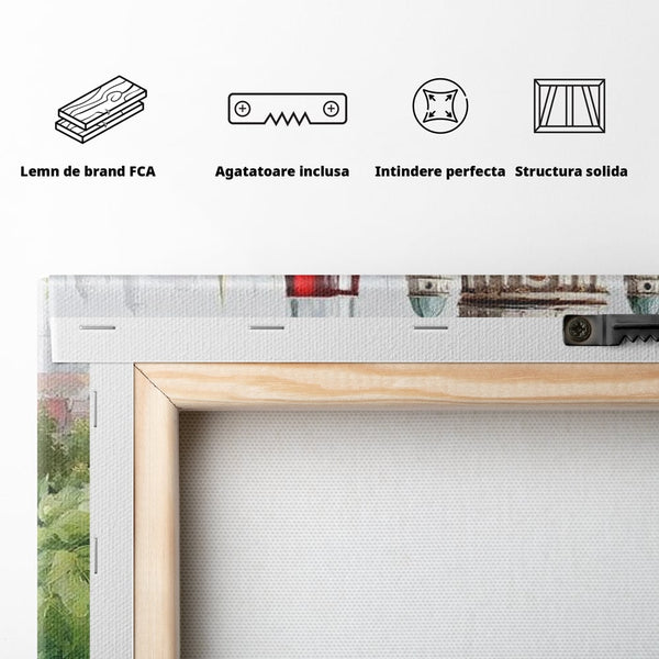 Tablou Canvas Premium, LuxCanva® N1145, De Vita Nobila, Vin Rosu, Sticla, Pahar, Struguri, Bautura, Cupola, Manastire, Vegetatie, Degustare, Pub, Bar, Lounge, Restaurant, Bucatarie