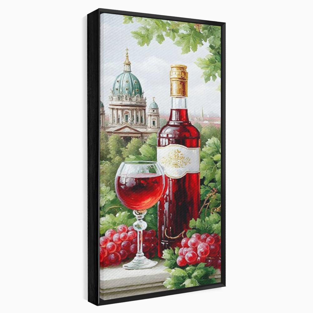 Tablou Canvas Premium, LuxCanva® N1145, De Vita Nobila, Vin Rosu, Sticla, Pahar, Struguri, Bautura, Cupola, Manastire, Vegetatie, Degustare, Pub, Bar, Lounge, Restaurant, Bucatarie