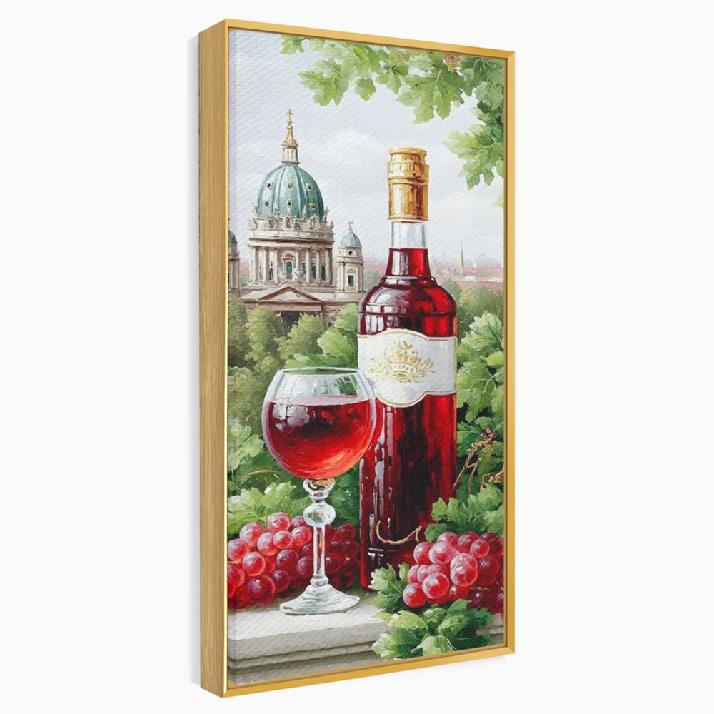 Tablou Canvas Premium, LuxCanva® N1145, De Vita Nobila, Vin Rosu, Sticla, Pahar, Struguri, Bautura, Cupola, Manastire, Vegetatie, Degustare, Pub, Bar, Lounge, Restaurant, Bucatarie