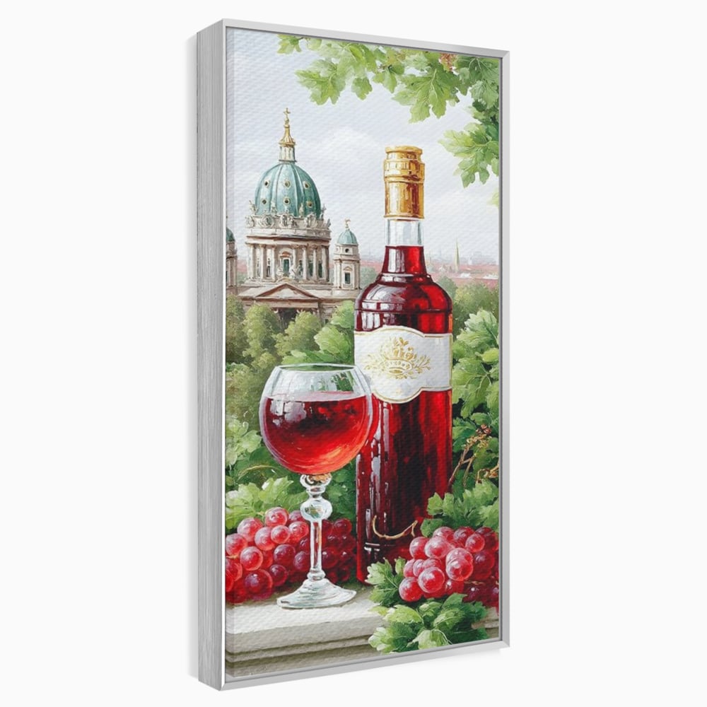 Tablou Canvas Premium, LuxCanva® N1145, De Vita Nobila, Vin Rosu, Sticla, Pahar, Struguri, Bautura, Cupola, Manastire, Vegetatie, Degustare, Pub, Bar, Lounge, Restaurant, Bucatarie