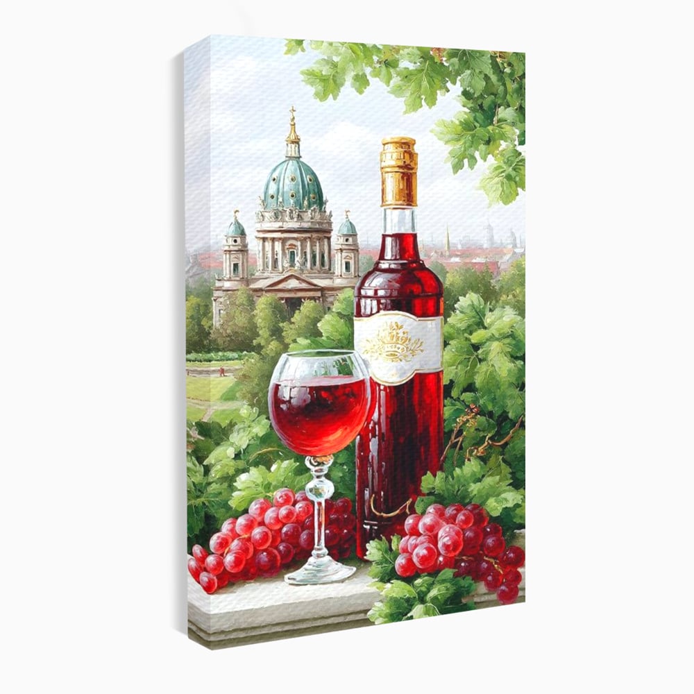 Tablou Canvas Premium, LuxCanva® N1145, De Vita Nobila, Vin Rosu, Sticla, Pahar, Struguri, Bautura, Cupola, Manastire, Vegetatie, Degustare, Pub, Bar, Lounge, Restaurant, Bucatarie