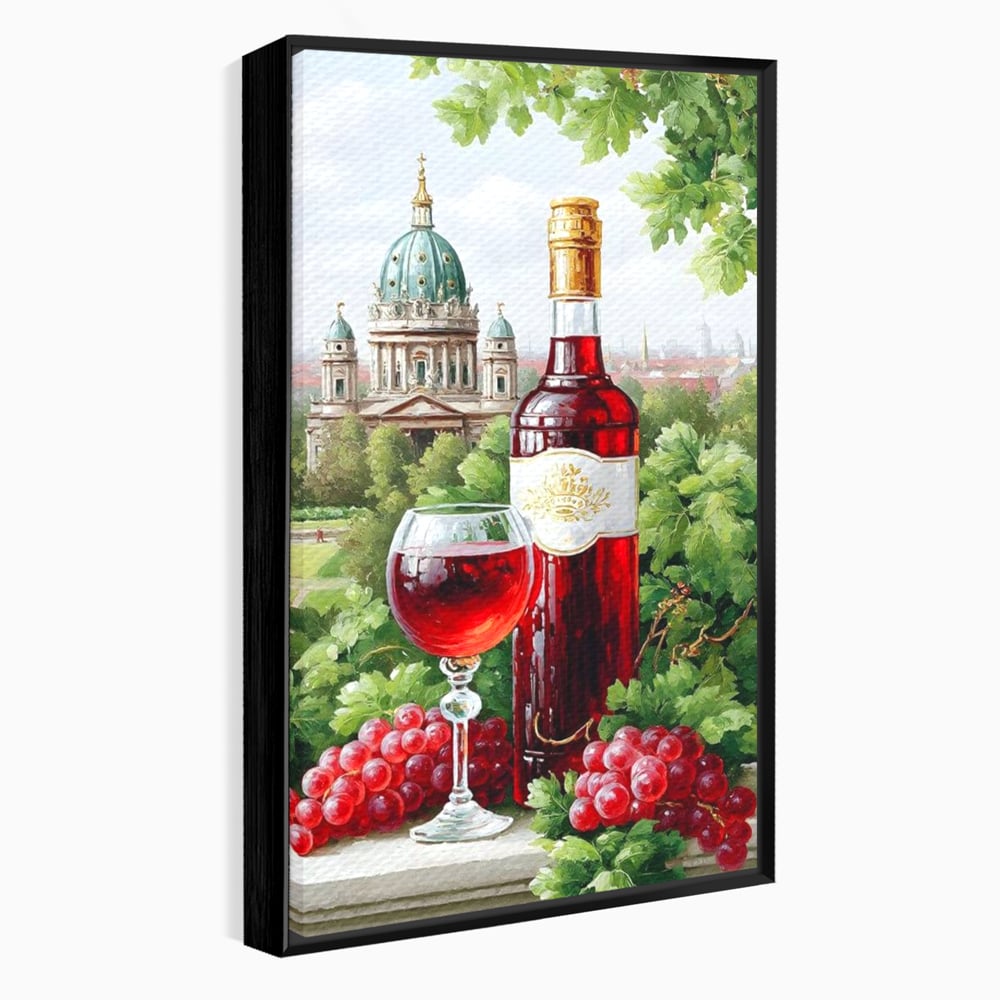 Tablou Canvas Premium, LuxCanva® N1145, De Vita Nobila, Vin Rosu, Sticla, Pahar, Struguri, Bautura, Cupola, Manastire, Vegetatie, Degustare, Pub, Bar, Lounge, Restaurant, Bucatarie