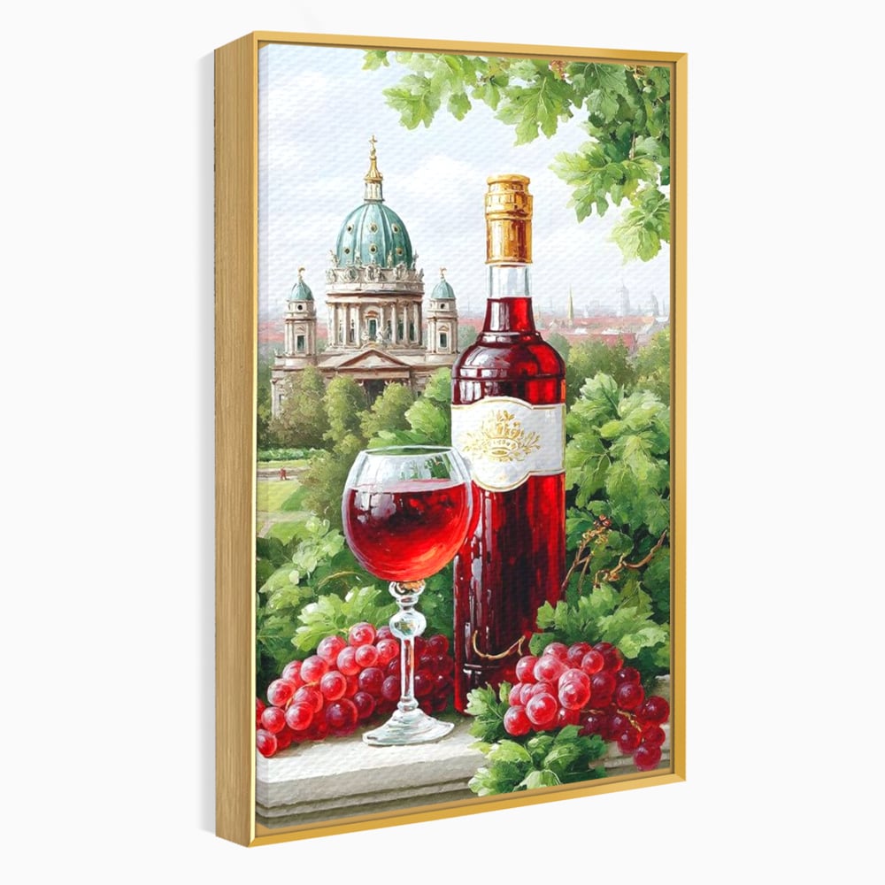 Tablou Canvas Premium, LuxCanva® N1145, De Vita Nobila, Vin Rosu, Sticla, Pahar, Struguri, Bautura, Cupola, Manastire, Vegetatie, Degustare, Pub, Bar, Lounge, Restaurant, Bucatarie