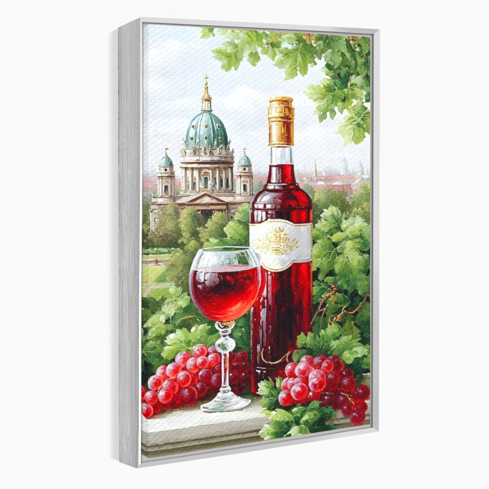 Tablou Canvas Premium, LuxCanva® N1145, De Vita Nobila, Vin Rosu, Sticla, Pahar, Struguri, Bautura, Cupola, Manastire, Vegetatie, Degustare, Pub, Bar, Lounge, Restaurant, Bucatarie