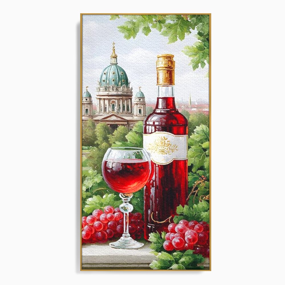 Tablou Canvas Premium, LuxCanva® N1145, De Vita Nobila, Vin Rosu, Sticla, Pahar, Struguri, Bautura, Cupola, Manastire, Vegetatie, Degustare, Pub, Bar, Lounge, Restaurant, Bucatarie