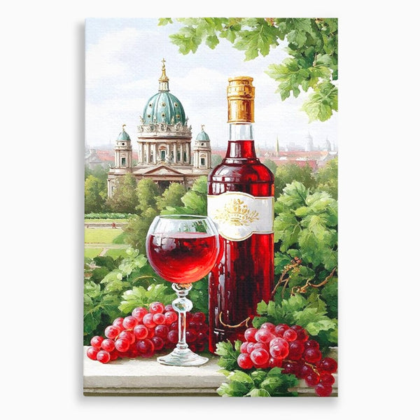Tablou Canvas Premium, LuxCanva® N1145, De Vita Nobila, Vin Rosu, Sticla, Pahar, Struguri, Bautura, Cupola, Manastire, Vegetatie, Degustare, Pub, Bar, Lounge, Restaurant, Bucatarie