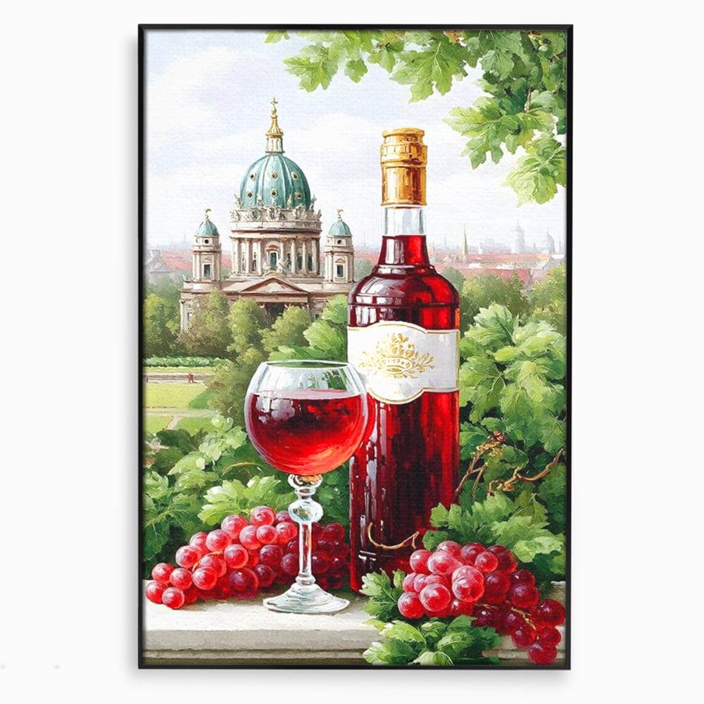 Tablou Canvas Premium, LuxCanva® N1145, De Vita Nobila, Vin Rosu, Sticla, Pahar, Struguri, Bautura, Cupola, Manastire, Vegetatie, Degustare, Pub, Bar, Lounge, Restaurant, Bucatarie
