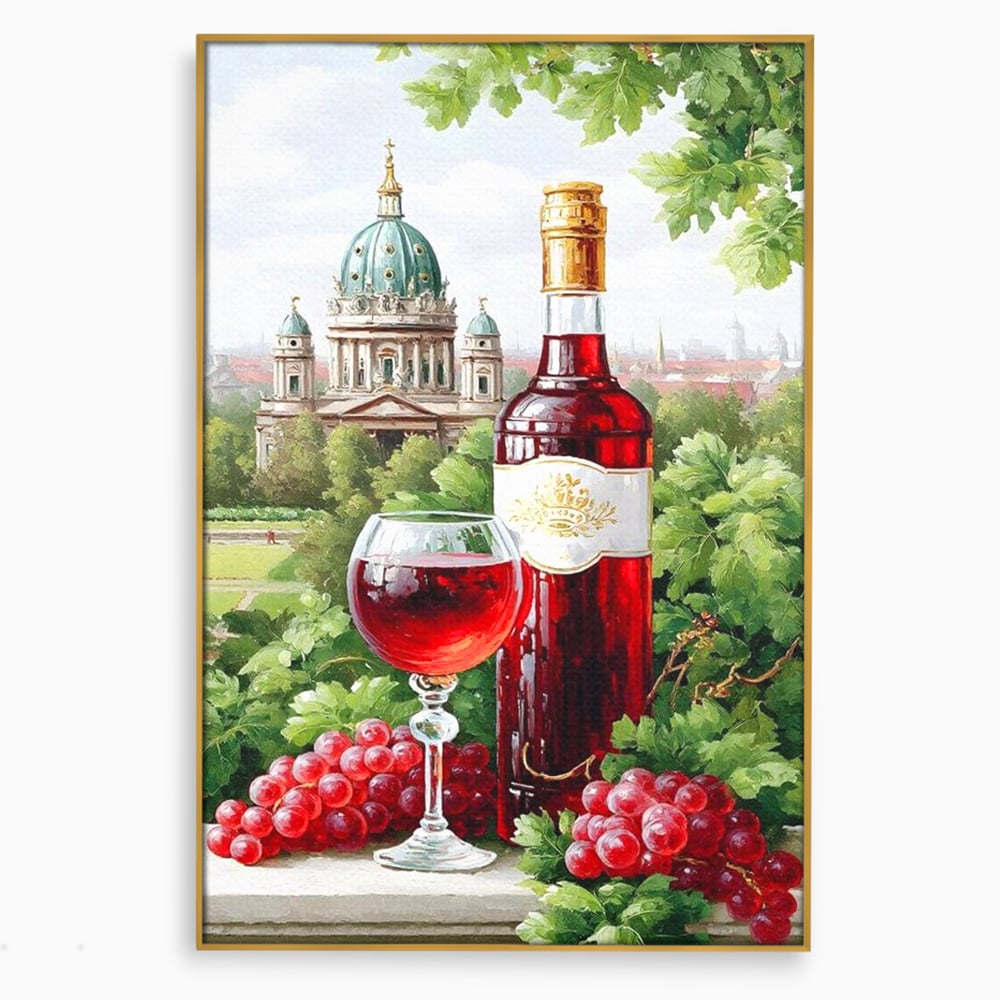 Tablou Canvas Premium, LuxCanva® N1145, De Vita Nobila, Vin Rosu, Sticla, Pahar, Struguri, Bautura, Cupola, Manastire, Vegetatie, Degustare, Pub, Bar, Lounge, Restaurant, Bucatarie