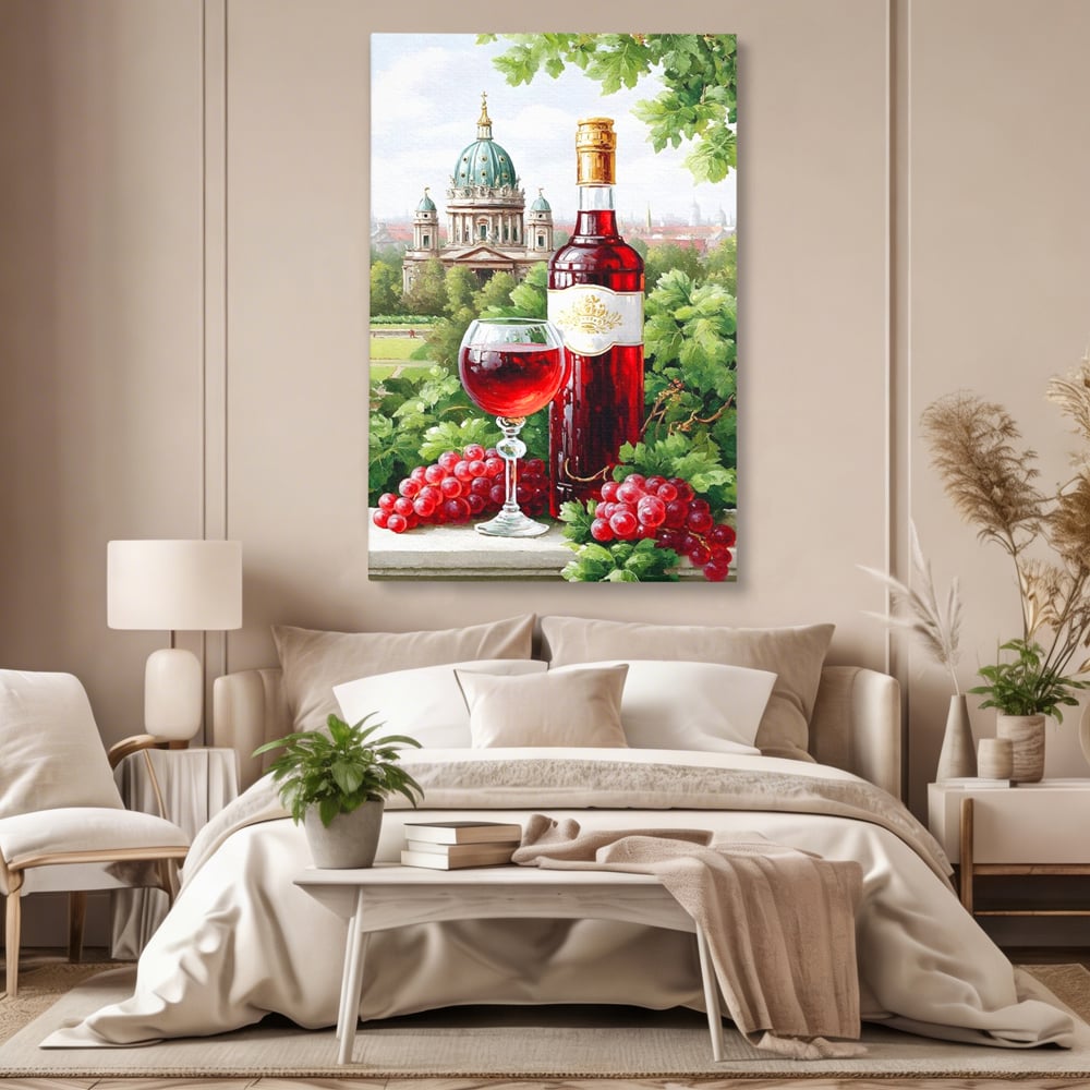Tablou Canvas Premium, LuxCanva® N1145, De Vita Nobila, Vin Rosu, Sticla, Pahar, Struguri, Bautura, Cupola, Manastire, Vegetatie, Degustare, Pub, Bar, Lounge, Restaurant, Bucatarie