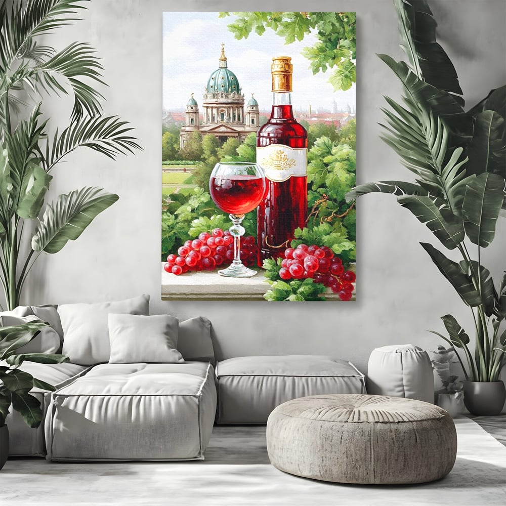 Tablou Canvas Premium, LuxCanva® N1145, De Vita Nobila, Vin Rosu, Sticla, Pahar, Struguri, Bautura, Cupola, Manastire, Vegetatie, Degustare, Pub, Bar, Lounge, Restaurant, Bucatarie
