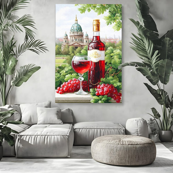 Tablou Canvas Premium, LuxCanva® N1145, De Vita Nobila, Vin Rosu, Sticla, Pahar, Struguri, Bautura, Cupola, Manastire, Vegetatie, Degustare, Pub, Bar, Lounge, Restaurant, Bucatarie